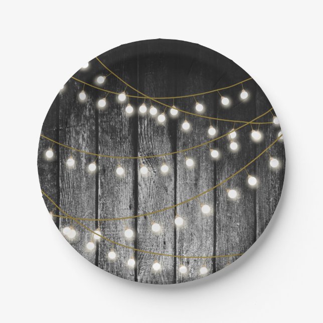 Plato De Papel Rustic Barn Black Wood Gold String Luces (Anverso)