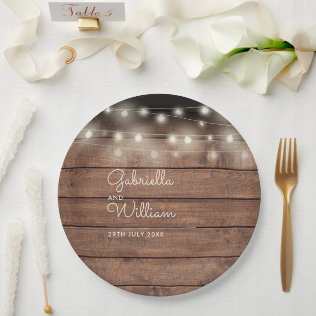 Plato De Papel Rustic Barn Wood String ilumina a Boda de guiones (Boda)