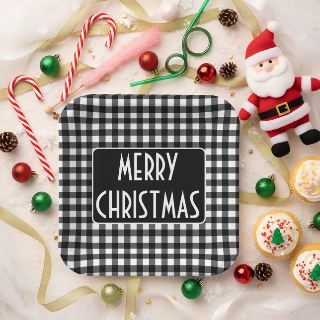 Plato De Papel Rustic Black & White Buffalo Plaid Merry Christmas (Subido por el creador)