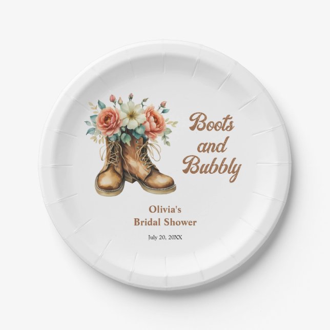 Plato De Papel Rustic Boots and Bubbly Western Bridal Shower  (Anverso)
