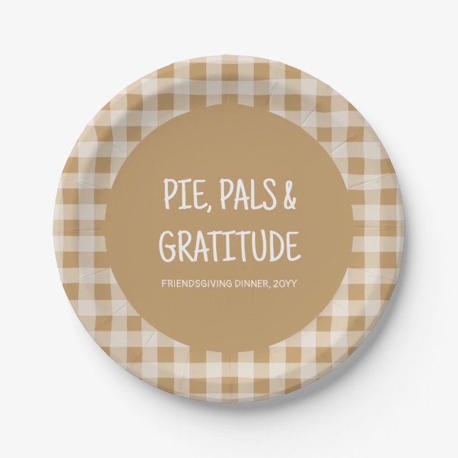 Plato De Papel Rustic Brown Gingham Friendsgiving Dinner Party (Anverso)