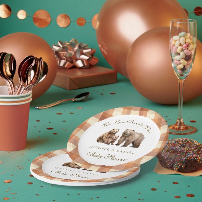 Plato De Papel Rustic Brown Plaid Grizzly Bear Family Baby Shower (Multi)