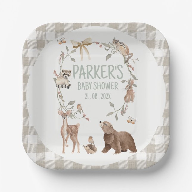Plato De Papel Rustic Brown Plaid Woodland Baby Shower Paper (Anverso)