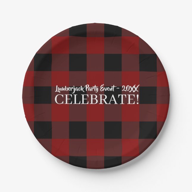 Plato De Papel Rustic Buffalo Plaid Celebran Personalizado Rojo y (Anverso)
