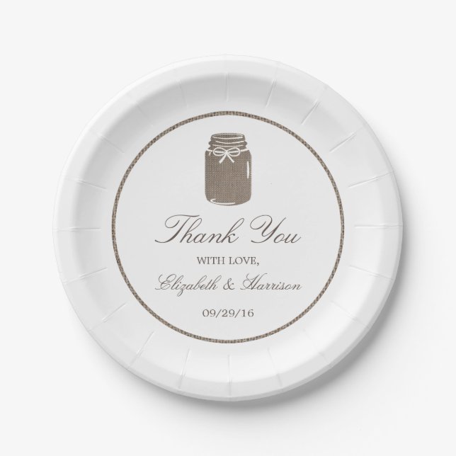 Plato De Papel Rustic Burlap Mason Jar Boda (Anverso)