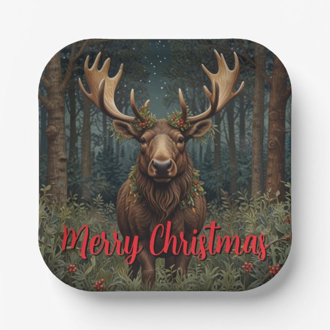 Plato De Papel Rustic Christmas moose deer boho woodland forest  (Anverso)