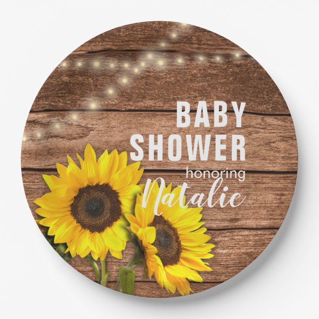 Plato De Papel Rustic Dark Wood Sunflower Lights Baby Shower (Anverso)