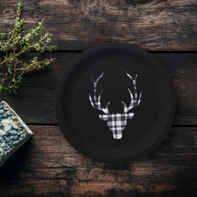 Plato De Papel Rustic Elegant Plaid Deer Christmas Paper Plates (elegant chic paper plate. modern plaid check deer design)