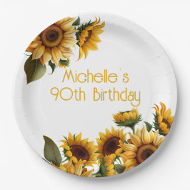 Plato De Papel Rustic Elegant Sunflowers White 90 cumpleaños