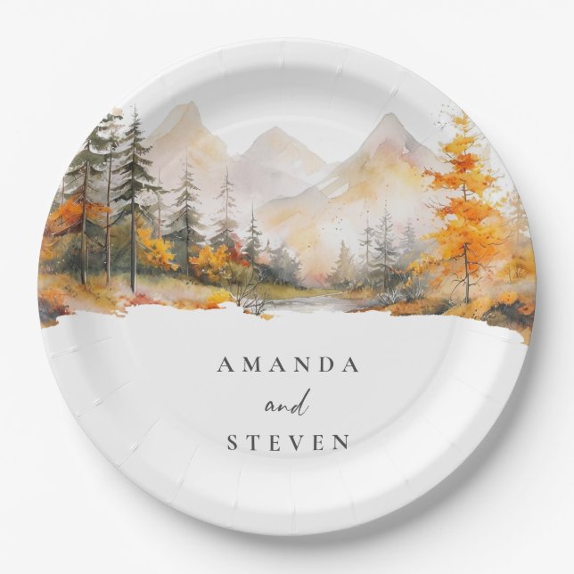 Plato De Papel Rustic Fall Mountain Pine Forest Wedding (Anverso)