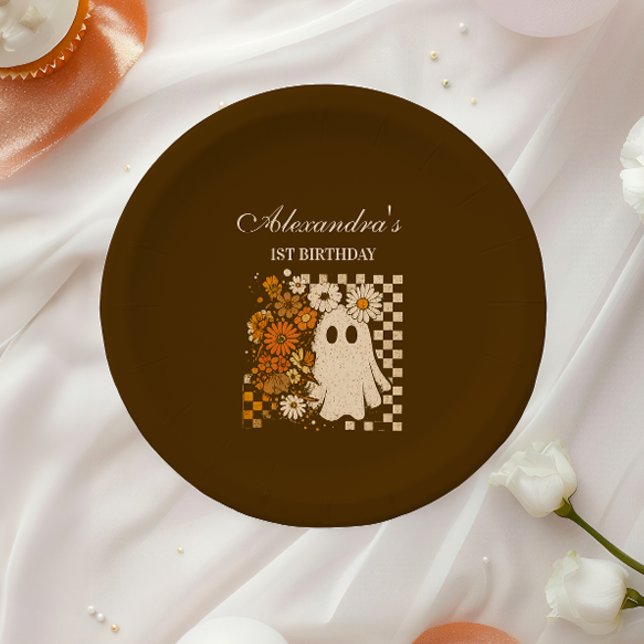Plato De Papel Rustic Floral Checkerboard Ghost 1st Birthday (Subido por el creador)