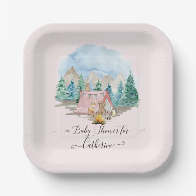 Plato De Papel Rustic Forest Animals Deer Bear Floral Baby Shower (Anverso)