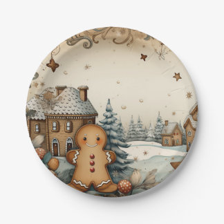 Plato De Papel Rustic Gingerbread Village