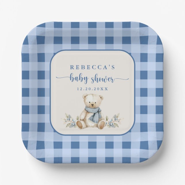 Plato De Papel Rustic Gingham Teddy Bear Elegant Baby Shower (Anverso)