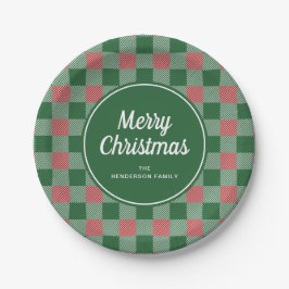 Plato De Papel Rustic Green Plaid Feliz Navidad