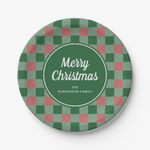 Plato De Papel Rustic Green Plaid Feliz Navidad