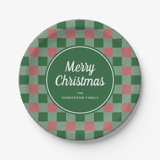 Plato De Papel Rustic Green Plaid Feliz Navidad (Anverso)