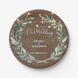 Plato De Papel Rustic leaves on wood string lights wedding