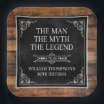 Plato De Papel Rustic Man Myth Legend 80th Birthday Black<br><div class="desc">¡Es El Hombre El Mito La LEYENDA! Su vida ha sido una aventura asombrosa y es momento de celebrar su legado y a él. Este rústico papel negro con respaldo de madera, de tipo blanco y esquinas de enrollado blanco, con placas de papel cuadrado de 80 años y 9" son...</div>