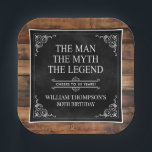 Plato De Papel Rustic Man Myth Legend 80th Birthday Black<br><div class="desc">¡Es El Hombre El Mito La LEYENDA! Su vida ha sido una aventura asombrosa y es momento de celebrar su legado y a él. Este rústico papel negro con respaldo de madera, de tipo blanco y esquinas de enrollado blanco, placas de papel cuadrado de 80º cumpleaños 7" son perfectas para...</div>