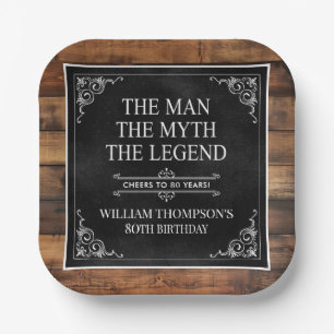 Plato De Papel Rustic Man Myth Legend 80th Birthday Black