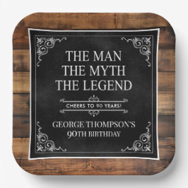 Plato De Papel Rustic Man Myth Legend 90th Birthday Black