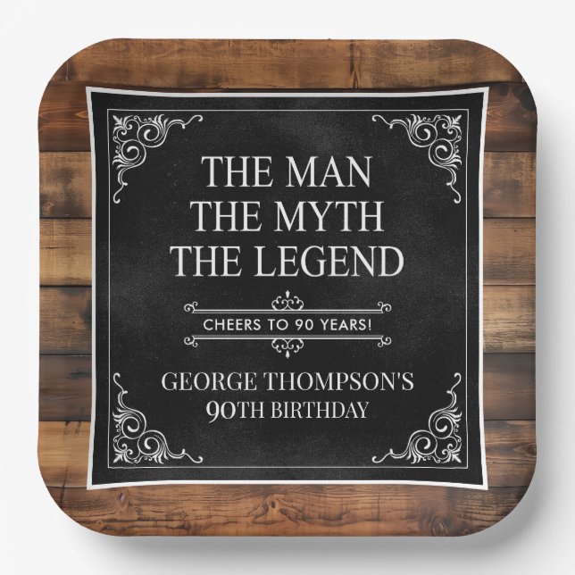 Plato De Papel Rustic Man Myth Legend 90th Birthday Black (Anverso)