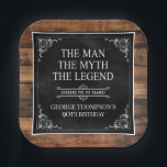 Plato De Papel Rustic Man Myth Legend 90th Birthday Black<br><div class="desc">¡Es El Hombre El Mito La LEYENDA! Su vida ha sido una aventura asombrosa y es momento de celebrar su legado y a él. Este rústico papel negro con respaldo de madera, de tipo blanco y esquinas de enrollado blanco, con platos de papel cuadrado de 90º cumpleaños 7", es perfecto...</div>