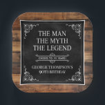 Plato De Papel Rustic Man Myth Legend 90th Birthday Black<br><div class="desc">¡Es El Hombre El Mito La LEYENDA! Su vida ha sido una aventura asombrosa y es momento de celebrar su legado y a él. Este rústico papel negro con respaldo de madera, de tipo blanco y esquinas de enrollado blanco, con platos de papel cuadrado de 90º cumpleaños 7", es perfecto...</div>