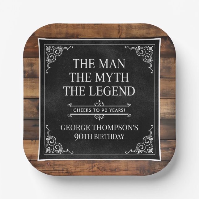 Plato De Papel Rustic Man Myth Legend 90th Birthday Black (Anverso)