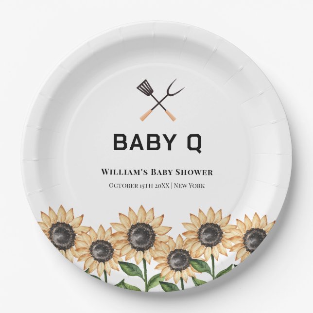 Plato De Papel Rustic Modern BBQ Sunflower Baby Shower (Anverso)