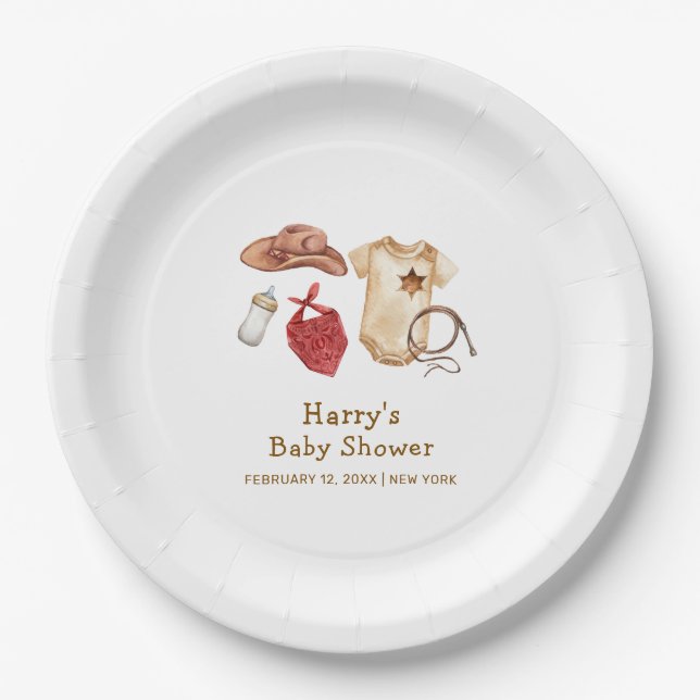 Plato De Papel Rustic Modern Boho Western Cowboy Baby Shower (Anverso)