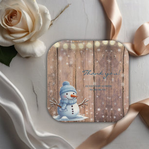 Plato De Papel Rustic Modern Elegant Blue Snowman Baby Shower