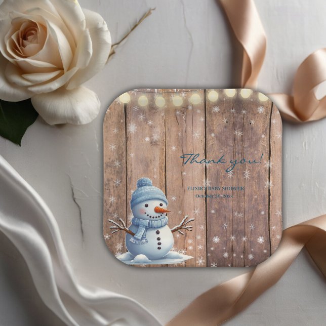 Plato De Papel Rustic Modern Elegant Blue Snowman Baby Shower (Subido por el creador)