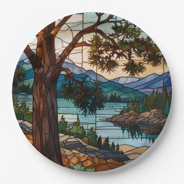 Plato De Papel Rustic mountain range landscape stain glass  (Anverso)