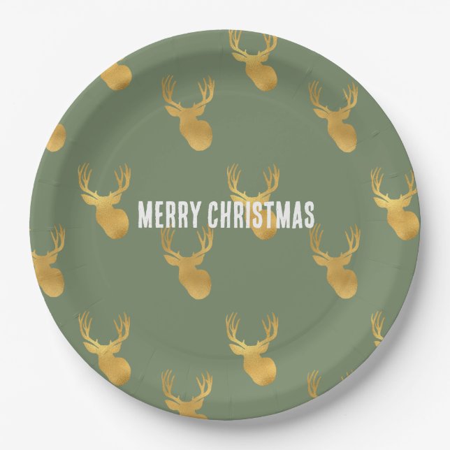 Plato De Papel Rustic Olive Green Gold Deer Christmas (Anverso)