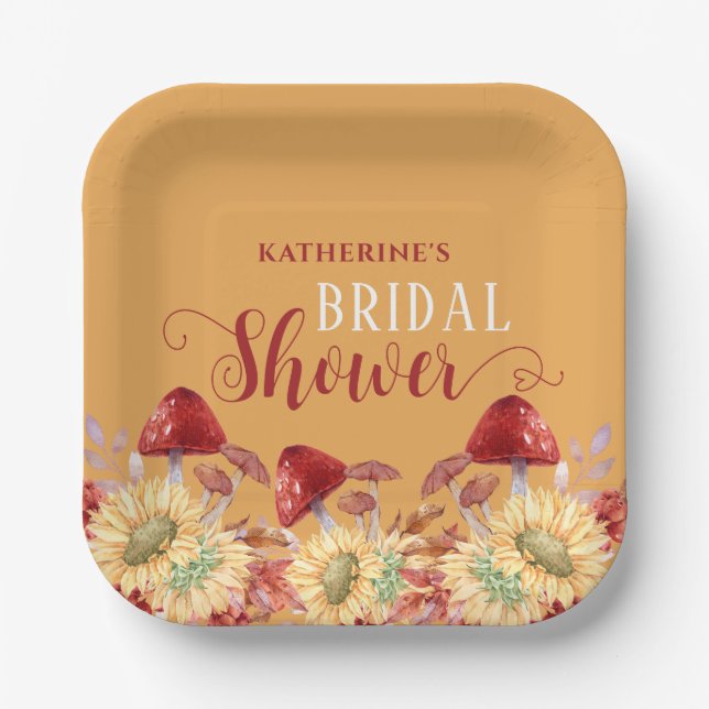 Plato De Papel Rustic Otoño Bridal Shower Sunflowers Mushroom (Anverso)
