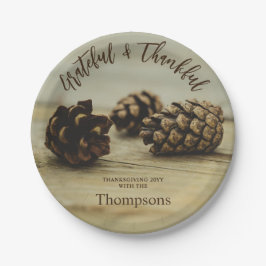 Plato De Papel Rustic Pinecones Custom Family Name Thanksgiving