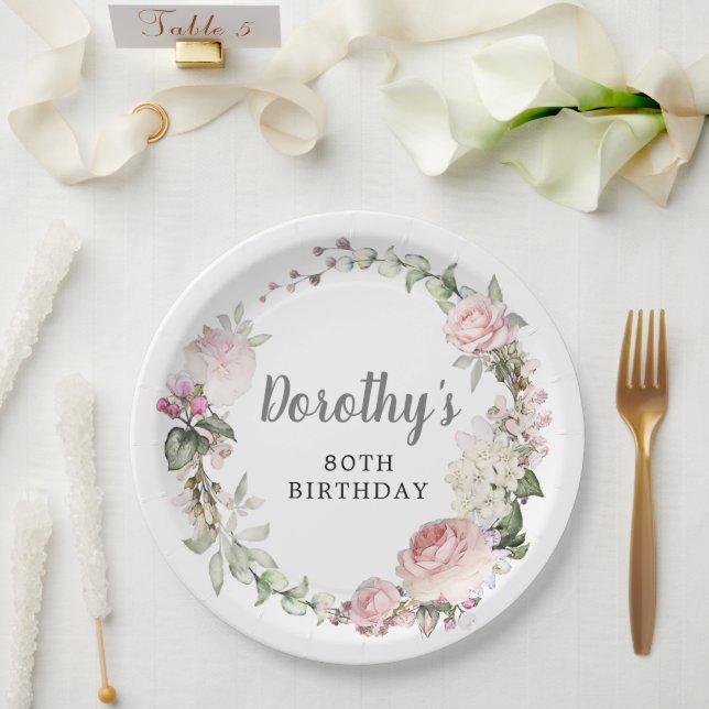 Plato De Papel Rustic Pink Floral 80 cumpleaños (Boda)