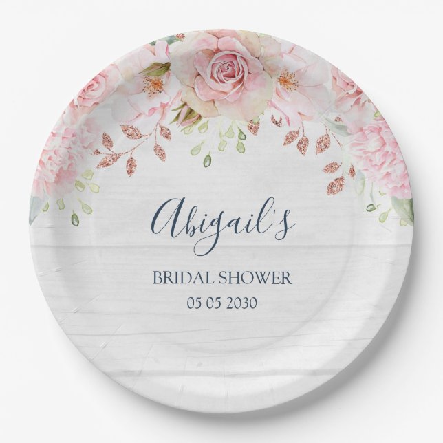 Plato De Papel Rustic Pink Floral Spring Bridal Shower (Anverso)