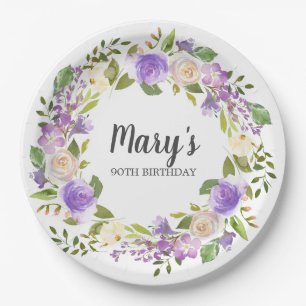 Plato De Papel Rustic Purple Floral 90 cumpleaños