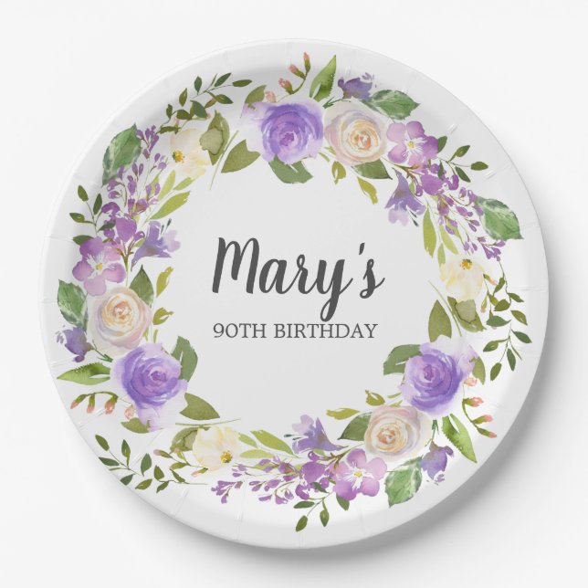 Plato De Papel Rustic Purple Floral 90 cumpleaños (Anverso)