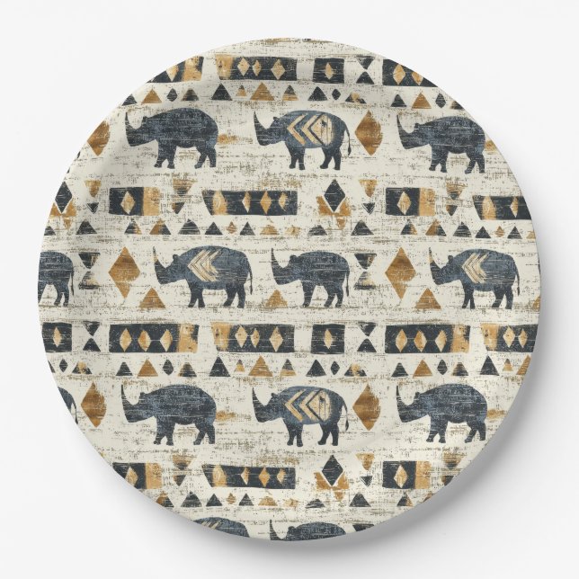 Plato De Papel Rustic Rhino Tribal Pattern (1) (Anverso)