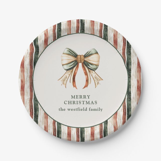 Plato De Papel Rustic Stripes Personalized Merry  Christmas (Anverso)