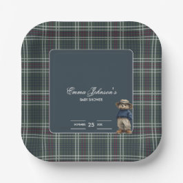 Plato De Papel Rustic Tartan Bear Baby Shower