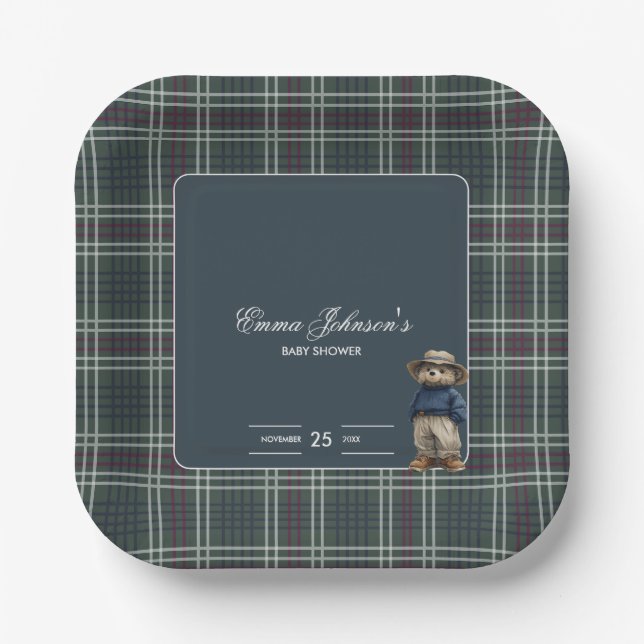 Plato De Papel Rustic Tartan Bear Baby Shower (Anverso)