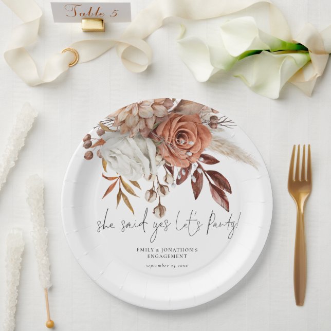 Plato De Papel Rustic Terracotta Florals Dijo Sí Compromiso (Boda)