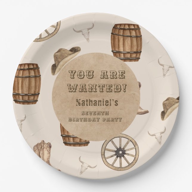 Plato De Papel Rustic western cowboy you are wanted birthday  (Anverso)