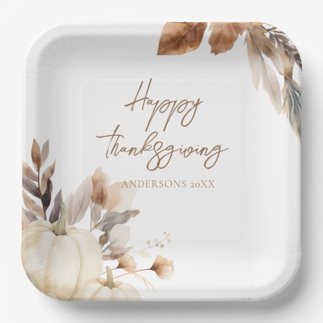 Plato De Papel Rustic White Pumpkin Thanksgiving (Anverso)
