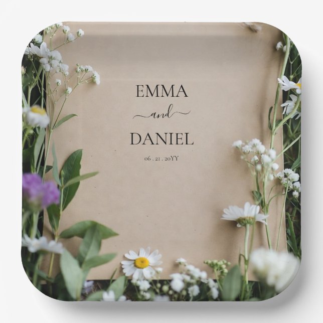 Plato De Papel Rustic Wildflower Botanical Kraft Paper Wedding (Anverso)